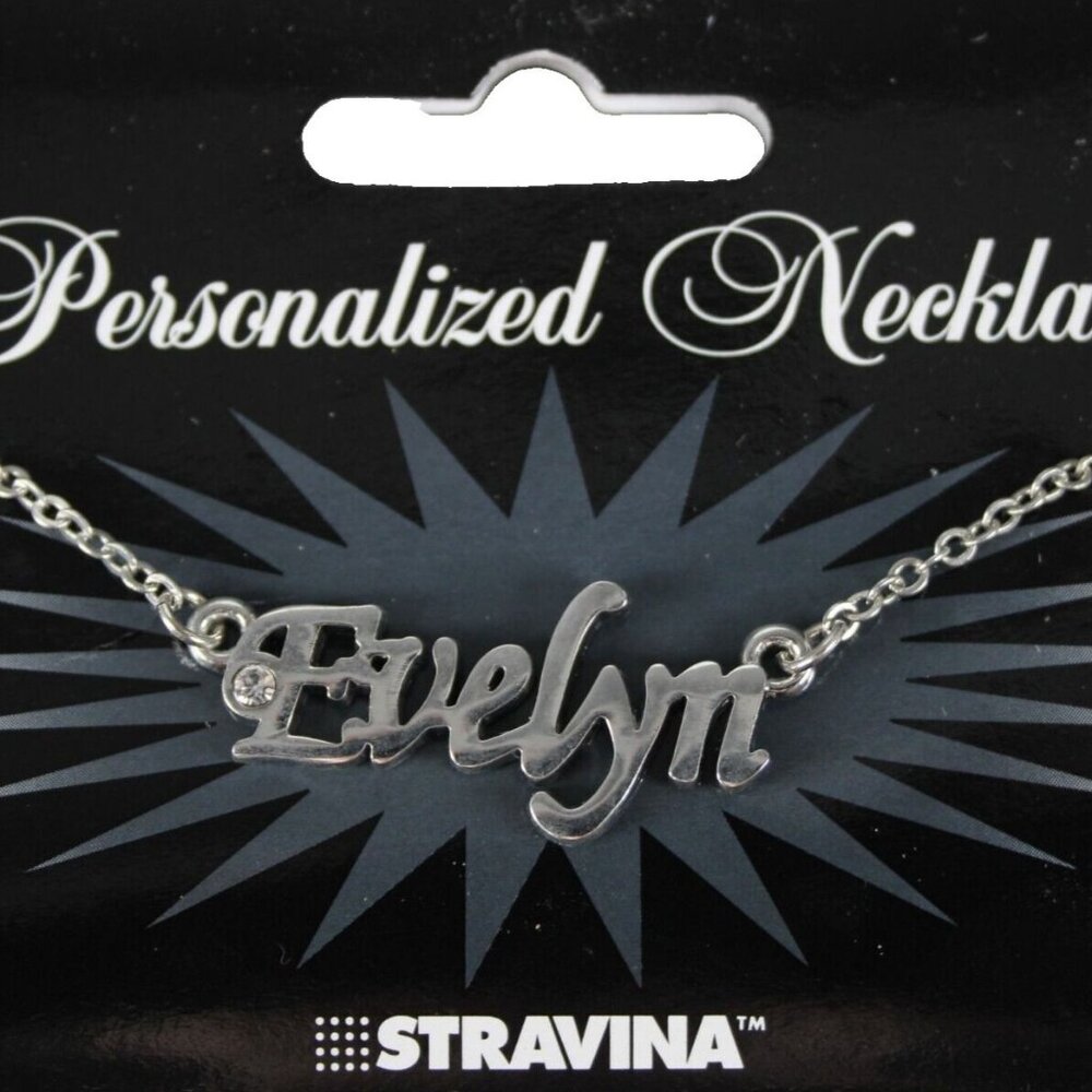 EVELYN Name Silvertone Rhinestone 14.5" w 4.5" Multi Ring Extender Necklace